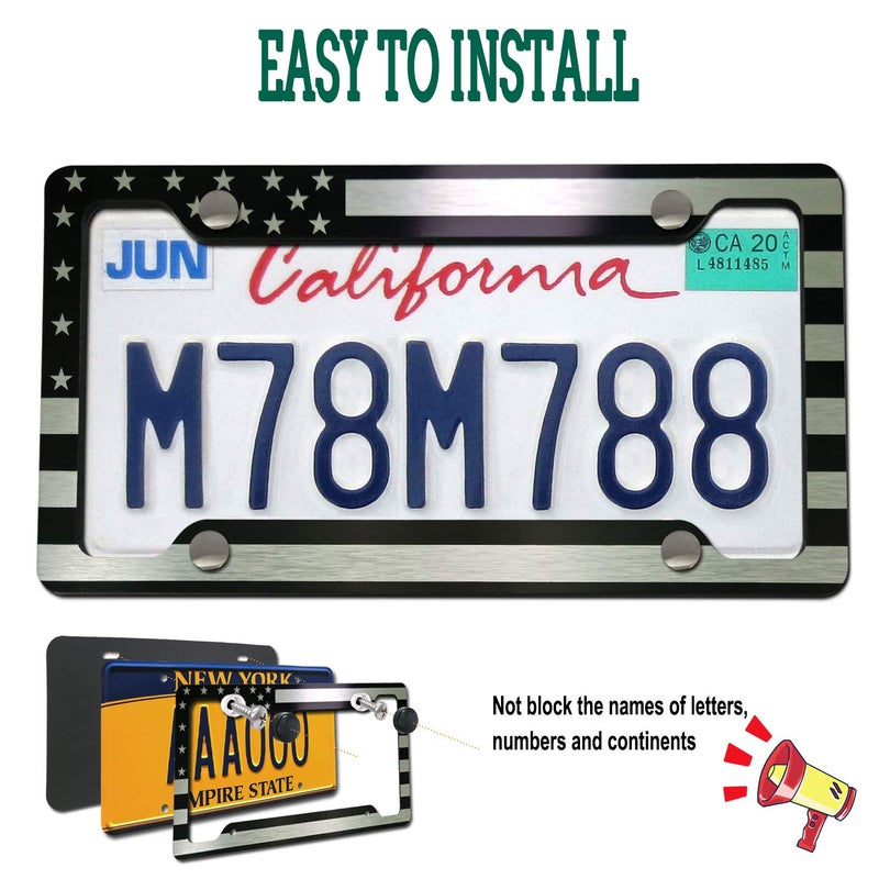 FBJTDQ Flag License Plate Frame- USA Patriotic Personalized Car Tag Holder, 4 Hole Black Heavy-Duty Aluminum Bracket, Novelty Thin Cover for Front Bumper, Truck or SUV, Screws, Caps, Flag Decal - Image 2